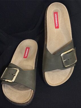 UNIONBAY Olive Slide Sandals with Gold Buckle Accent